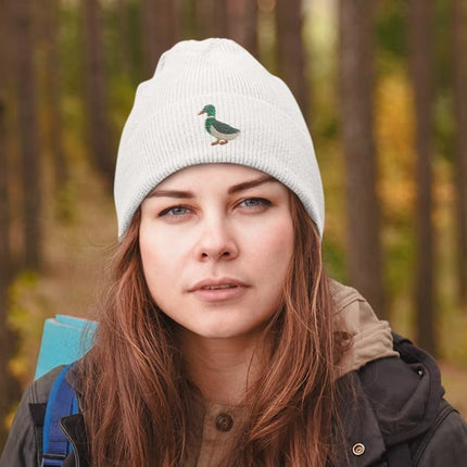 Embroidered DUCK Beanies, Mallard Duck Design Wildlife Winter Caps, Double Layer Knit Cuffed Unisex Comfort Color Beanie,