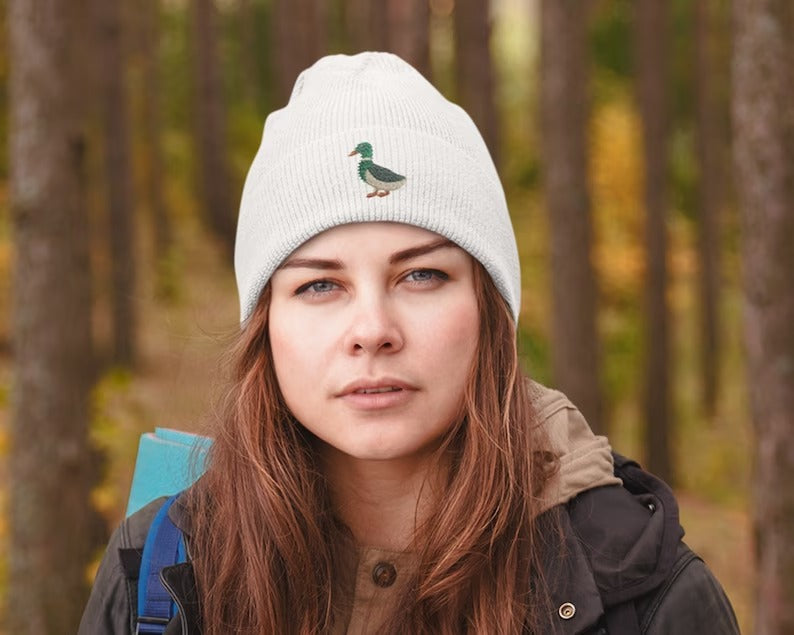 Embroidered DUCK Beanies, Mallard Duck Design Wildlife Winter Caps, Double Layer Knit Cuffed Unisex Comfort Color Beanie,