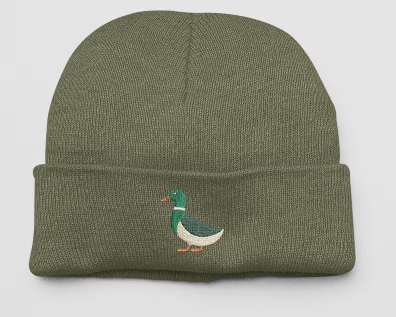 Embroidered DUCK Beanies, Mallard Duck Design Wildlife Winter Caps, Double Layer Knit Cuffed Unisex Comfort Color Beanie,