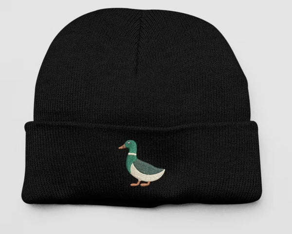 Embroidered DUCK Beanies, Mallard Duck Design Wildlife Winter Caps, Double Layer Knit Cuffed Unisex Comfort Color Beanie,