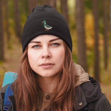 Embroidered DUCK Beanies, Mallard Duck Design Wildlife Winter Caps, Double Layer Knit Cuffed Unisex Comfort Color Beanie,
