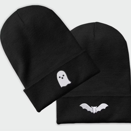 Bat Ghost Beanie, Embroidered Halloween Beanie, Winter Season Comfy Headwear, Ghost Bat Designs Monogrammed Beanie Hat, Embroidery Hat