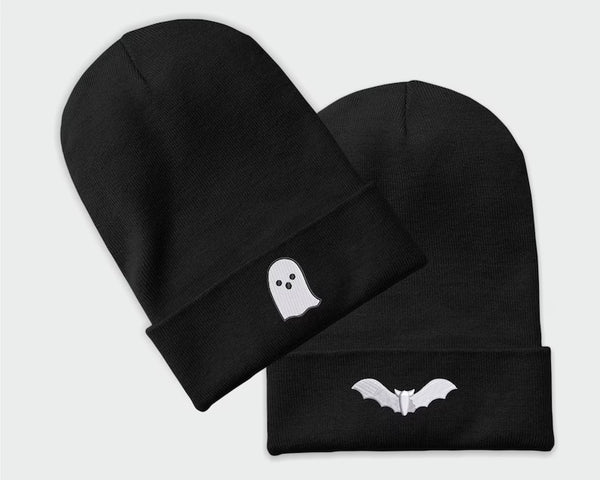 Bat Ghost Beanie, Embroidered Halloween Beanie, Winter Season Comfy Headwear, Ghost Bat Designs Monogrammed Beanie Hat, Embroidery Hat