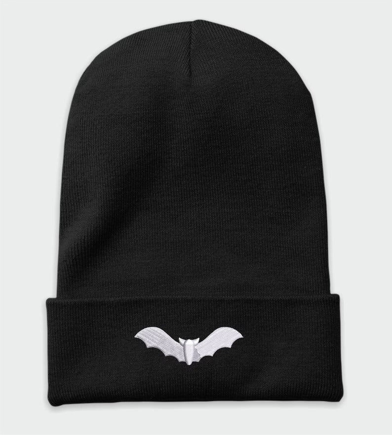 Bat Ghost Beanie, Embroidered Halloween Beanie, Winter Season Comfy Headwear, Ghost Bat Designs Monogrammed Beanie Hat, Embroidery Hat