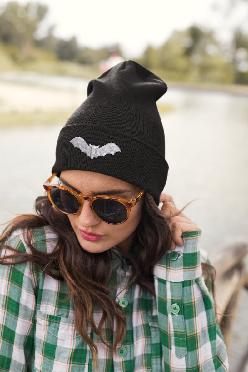 Bat Ghost Beanie, Embroidered Halloween Beanie, Winter Season Comfy Headwear, Ghost Bat Designs Monogrammed Beanie Hat, Embroidery Hat