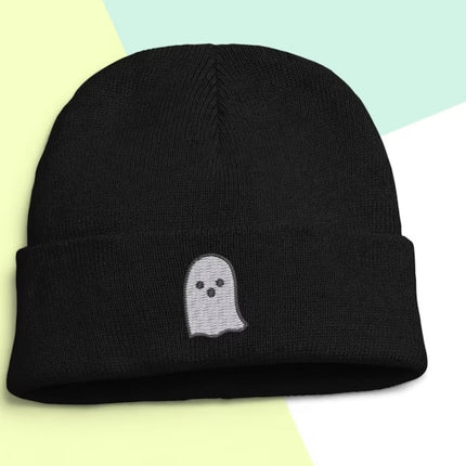 Bat Ghost Beanie, Embroidered Halloween Beanie, Winter Season Comfy Headwear, Ghost Bat Designs Monogrammed Beanie Hat, Embroidery Hat