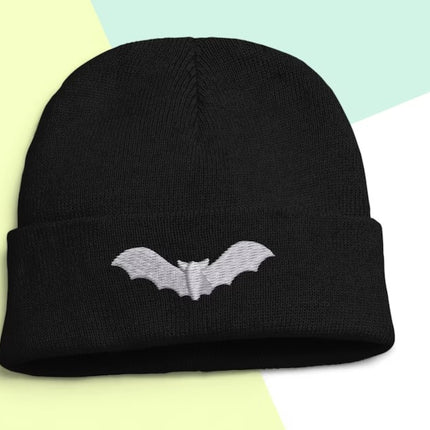 Bat Ghost Beanie, Embroidered Halloween Beanie, Winter Season Comfy Headwear, Ghost Bat Designs Monogrammed Beanie Hat, Embroidery Hat