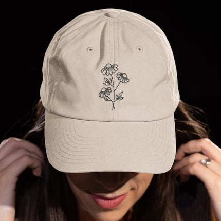 Embroidered Floral Baseball Hat, Daisy Flower Embroidery Design On Cap, Comfy Snapback Easy Fit Dad Hat, Nature Flowers Lover Womens Gift