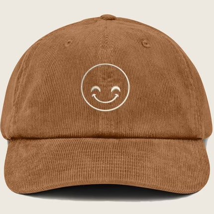 Corduroy Cap, Happy Face Embroidered Baseball Hat, 100 Cotton Comfy Shying Smiling Face Outline Design Sun Hat, Cool Hat