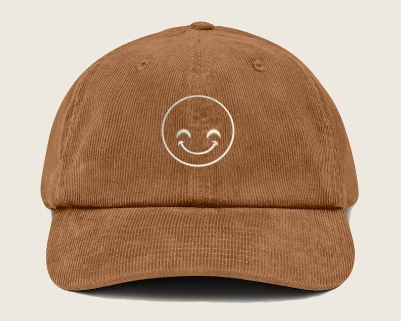 Corduroy Cap, Happy Face Embroidered Baseball Hat, 100 Cotton Comfy Shying Smiling Face Outline Design Sun Hat, Cool Hat