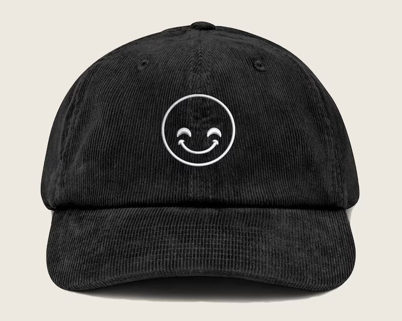 Corduroy Cap, Happy Face Embroidered Baseball Hat, 100 Cotton Comfy Shying Smiling Face Outline Design Sun Hat, Cool Hat