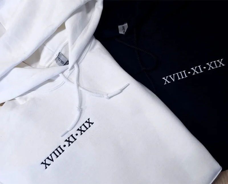 Personalised Embroidered Roman Numeral Hoodie, Custom Date with Initial Matching Couple Hoody, Minimalist Engagement Outfit, Mr and Mrs Gift