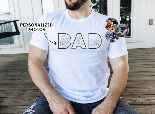 Personalised Dad Photos Shirt, Embroidered Dad Tshirt, Custom Sketches from Portraits Comfy Tee Top, Fathers Day Gifts, Dad Birthday Present