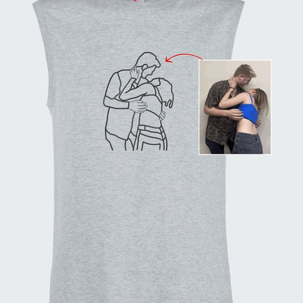Embroidered Couple Portrait Tank Top, Custom Faceless Photo Sketch Vest, Personalised Mens Sleeveless Shirt, Best 80th Birthday Gift for Him