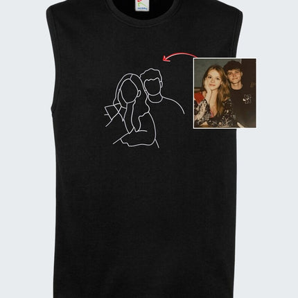 Embroidered Couple Portrait Tank Top, Custom Faceless Photo Sketch Vest, Personalised Mens Sleeveless Shirt, Best 80th Birthday Gift for Him