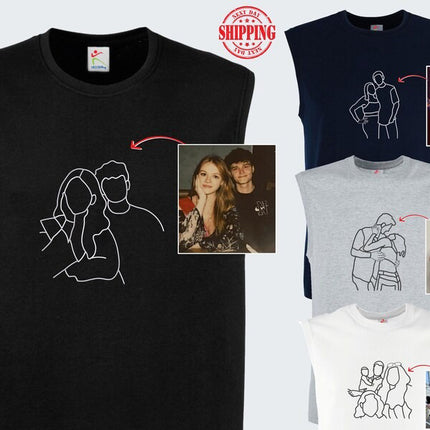 Embroidered Couple Portrait Tank Top, Custom Faceless Photo Sketch Vest, Personalised Mens Sleeveless Shirt, Best 80th Birthday Gift for Him