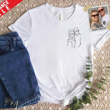 Personalised Couple Portrait T-Shirt, Embroidered Sketch from Photo Shirt, Custom Couple Matching Tees, Memorial Anniversary Gift for Him