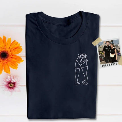 Personalised Couple Portrait T-Shirt, Embroidered Sketch from Photo Shirt, Custom Couple Matching Tees, Memorial Anniversary Gift for Him