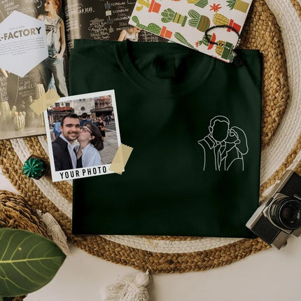 Personalised Couple Portrait T-Shirt, Embroidered Sketch from Photo Shirt, Custom Couple Matching Tees, Memorial Anniversary Gift for Him