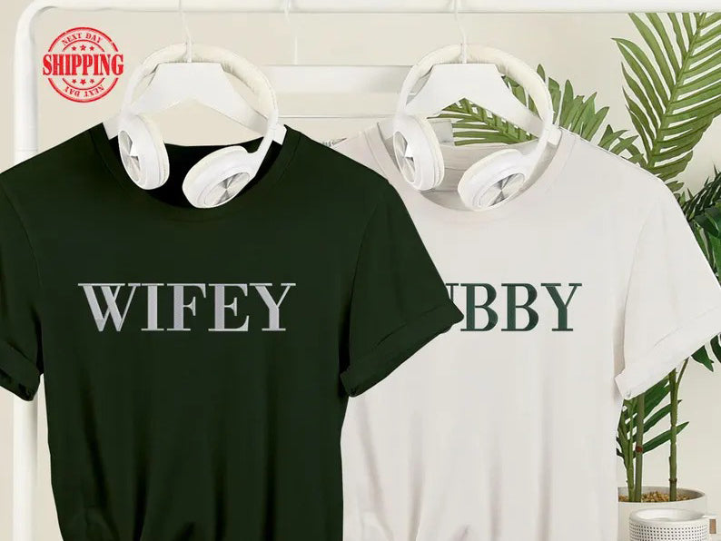 Personalised Wifey/Hubby T-Shirt, Embroidered Couple Matching Shirt, Wife and Husband Shirts, Just Married Tops, Anniversary Gift for Him