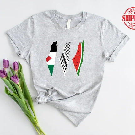 Palestine Map Designs Tee Shirt, Palestine Flag Printed T-Shirt, Muslims Solidarity Comfort Tops, Palestine Watermelon Flag Crewneck Tees