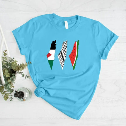 Palestine Map Designs Tee Shirt, Palestine Flag Printed T-Shirt, Muslims Solidarity Comfort Tops, Palestine Watermelon Flag Crewneck Tees