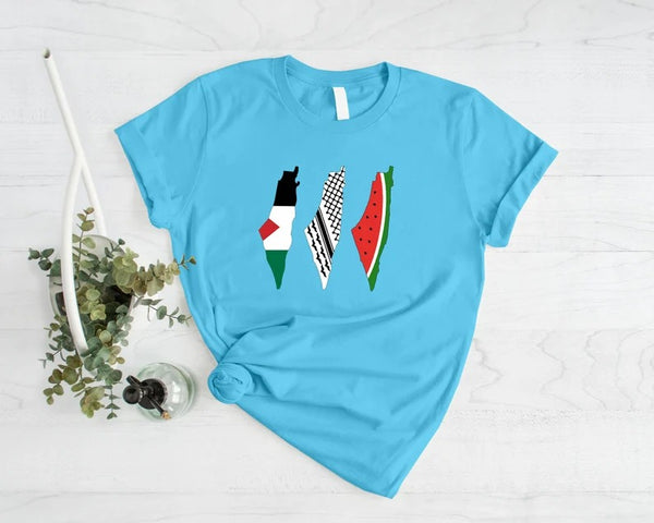 Palestine Map Designs Tee Shirt, Palestine Flag Printed T-Shirt, Muslims Solidarity Comfort Tops, Palestine Watermelon Flag Crewneck Tees