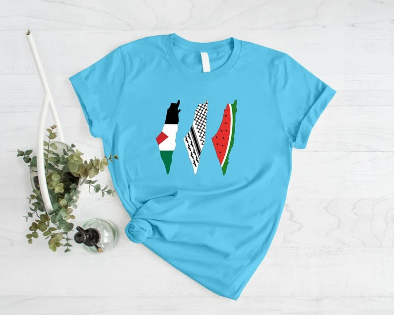 Palestine Map Designs Tee Shirt, Palestine Flag Printed T-Shirt, Muslims Solidarity Comfort Tops, Palestine Watermelon Flag Crewneck Tees