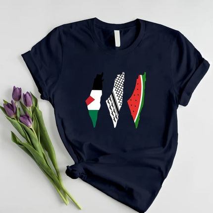 Palestine Map Designs Tee Shirt, Palestine Flag Printed T-Shirt, Muslims Solidarity Comfort Tops, Palestine Watermelon Flag Crewneck Tees