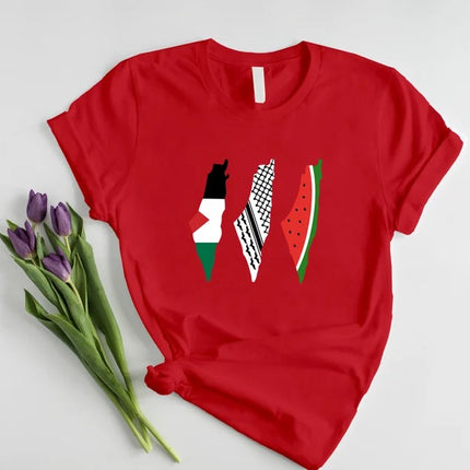 Palestine Map Designs Tee Shirt, Palestine Flag Printed T-Shirt, Muslims Solidarity Comfort Tops, Palestine Watermelon Flag Crewneck Tees