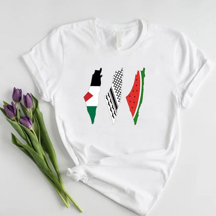Palestine Map Designs Tee Shirt, Palestine Flag Printed T-Shirt, Muslims Solidarity Comfort Tops, Palestine Watermelon Flag Crewneck Tees