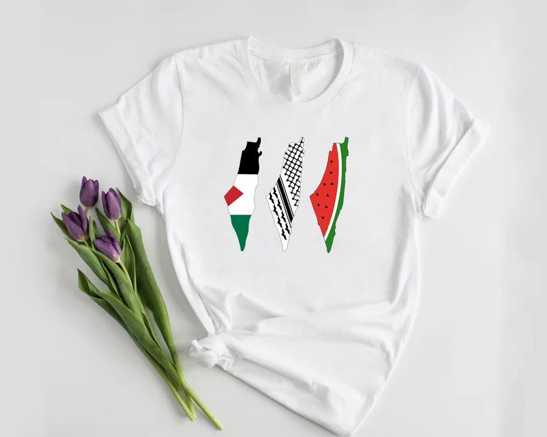 Palestine Map Designs Tee Shirt, Palestine Flag Printed T-Shirt, Muslims Solidarity Comfort Tops, Palestine Watermelon Flag Crewneck Tees