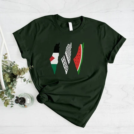 Palestine Map Designs Tee Shirt, Palestine Flag Printed T-Shirt, Muslims Solidarity Comfort Tops, Palestine Watermelon Flag Crewneck Tees