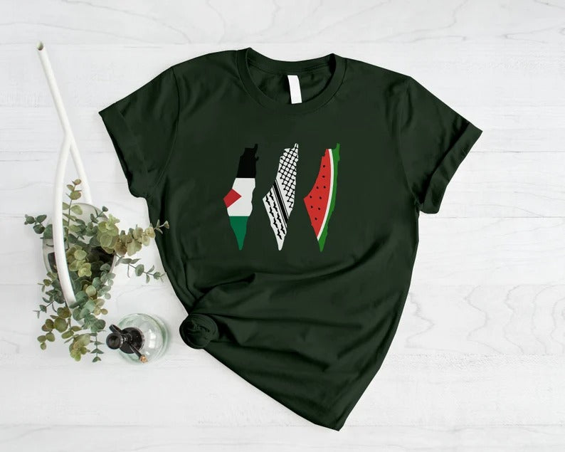 Palestine Map Designs Tee Shirt, Palestine Flag Printed T-Shirt, Muslims Solidarity Comfort Tops, Palestine Watermelon Flag Crewneck Tees