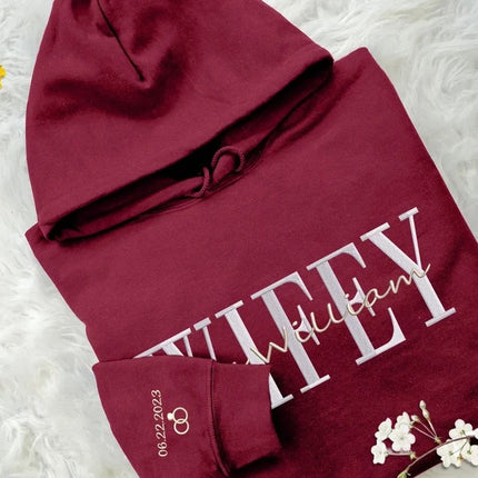 Embroidered Wifey/Hubby Matching Hoodies, Personalised Name Anniversary Date Hoody, Custom Couple Wedding Jumpers, Mr and Mrs Memorial Gifts