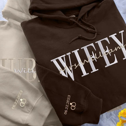 Embroidered Wifey/Hubby Matching Hoodies, Personalised Name Anniversary Date Hoody, Custom Couple Wedding Jumpers, Mr and Mrs Memorial Gifts