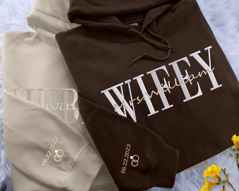 Embroidered Wifey/Hubby Matching Hoodies, Personalised Name Anniversary Date Hoody, Custom Couple Wedding Jumpers, Mr and Mrs Memorial Gifts