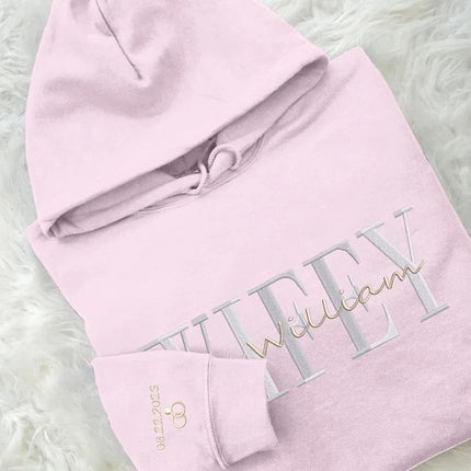 Embroidered Wifey/Hubby Matching Hoodies, Personalised Name Anniversary Date Hoody, Custom Couple Wedding Jumpers, Mr and Mrs Memorial Gifts