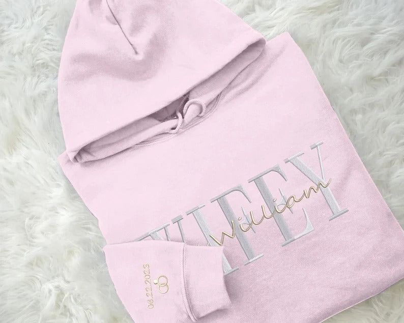 Embroidered Wifey/Hubby Matching Hoodies, Personalised Name Anniversary Date Hoody, Custom Couple Wedding Jumpers, Mr and Mrs Memorial Gifts