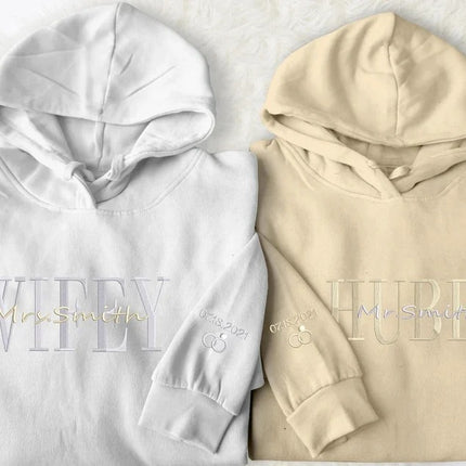 Embroidered Wifey/Hubby Matching Hoodies, Personalised Name Anniversary Date Hoody, Custom Couple Wedding Jumpers, Mr and Mrs Memorial Gifts