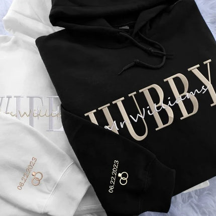 Embroidered Wifey/Hubby Matching Hoodies, Personalised Name Anniversary Date Hoody, Custom Couple Wedding Jumpers, Mr and Mrs Memorial Gifts