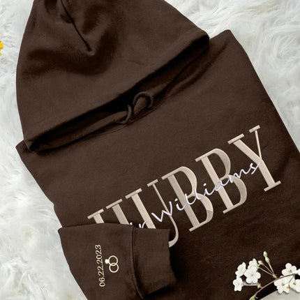 Embroidered Wifey/Hubby Matching Hoodies, Personalised Name Anniversary Date Hoody, Custom Couple Wedding Jumpers, Mr and Mrs Memorial Gifts