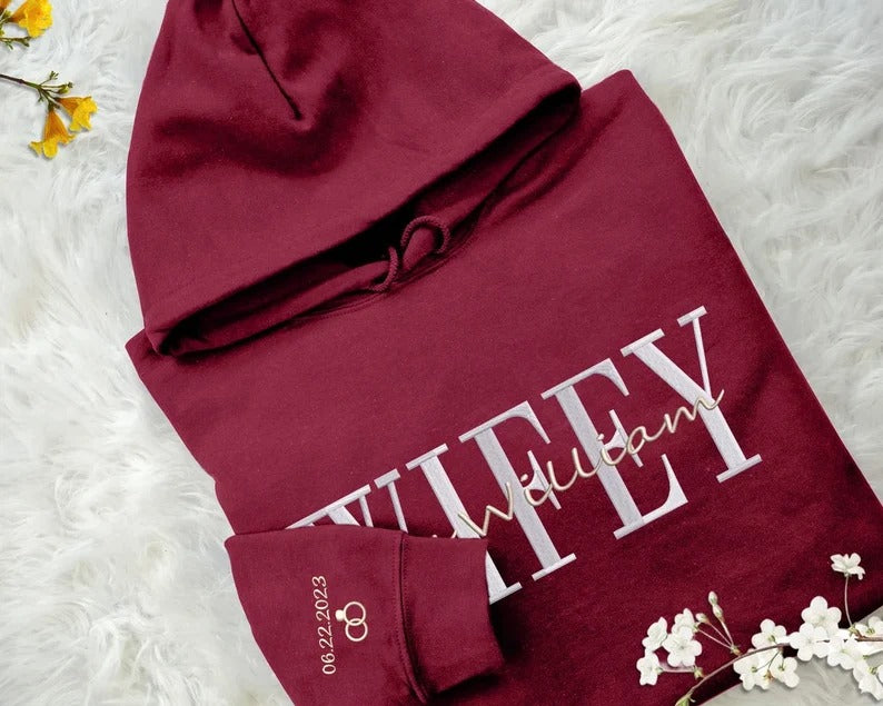 Embroidered Wifey/Hubby Matching Hoodies, Personalised Name Anniversary Date Hoody, Custom Couple Wedding Jumpers, Mr and Mrs Memorial Gifts