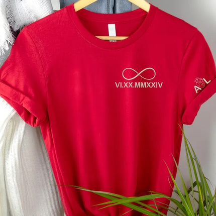 Embroidered Infinity Symbol Shirt, Personalised Roman Numeral Date Shirt, Couple Initials Anatomy Heart Tops, Wedding Date Anniversary Gifts