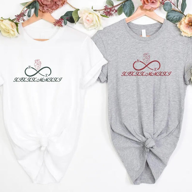 Personalised Anniversary Date Shirt, Embroidered Roman Numeral Heart Shirt, Custom Initials Infinity Couple Tops, One year Anniversary Gifts