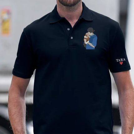 Custom Family Photo Portrait Shirt, Personalised Embroidered Sketch Polo Shirt, Name Initial Matching T-Shirt, Unique Father Birthday Gifts