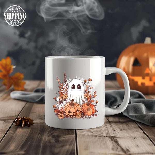 Halloween Cute Ghost Mug, Vintage Pumpkin Printed Mug, Fall Autumn Boo Ghost Coffee Mug, Spooky Season Ceramic Mug, Halloween Night Gifts