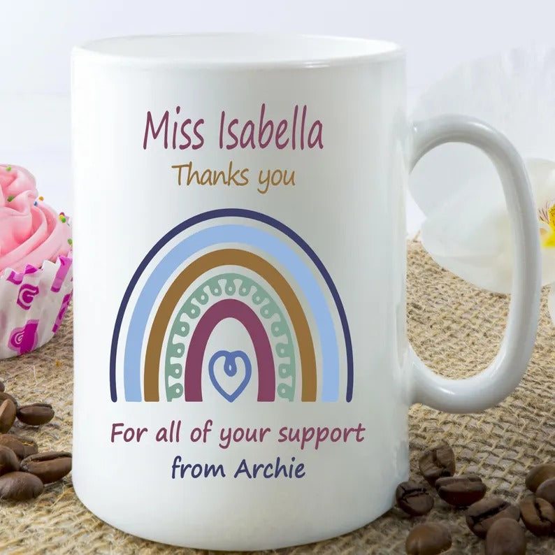 Personalised Rainbow Thank You Mug, Pastel Heart Rainbow Quote Coffee Mug, All you Support Thankful Teachers Cup, Appreciation Teachers Gift