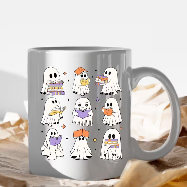 Halloween Ghost Bookish Mug, Cute Boo Ghost Book Reading Mug, Funny Fall Printed Cup, Spooky Season Mug, Halloween Book Lovers Coffee Mug