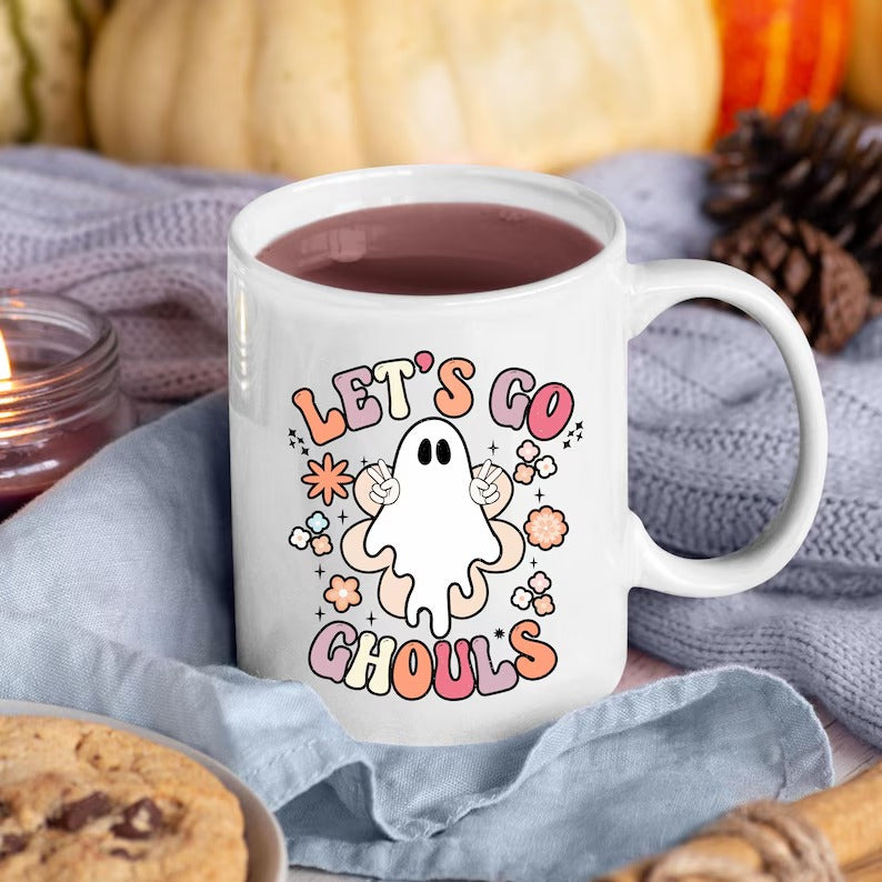 Lets Go Ghouls Halloween Mug, Spooky Boo Ghost Coffee Mug, Retro Funny Ghost Ceramic Printed Mug, Fall Halloween Coffee Cup, Halloween Gifts